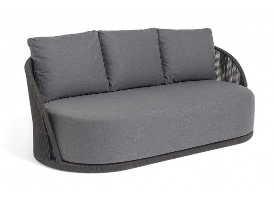 "Монтелла" диван 3-местный плетеный из роупа, каркас алюминий темно-серый (RAL7024) муар, роуп темно-серый круглый, ткань темно-серая 027