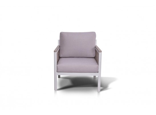 "Сан Ремо" кресло плетеное из роупа садовое, каркас алюминий белый, роуп бежевый, ткань бежевая