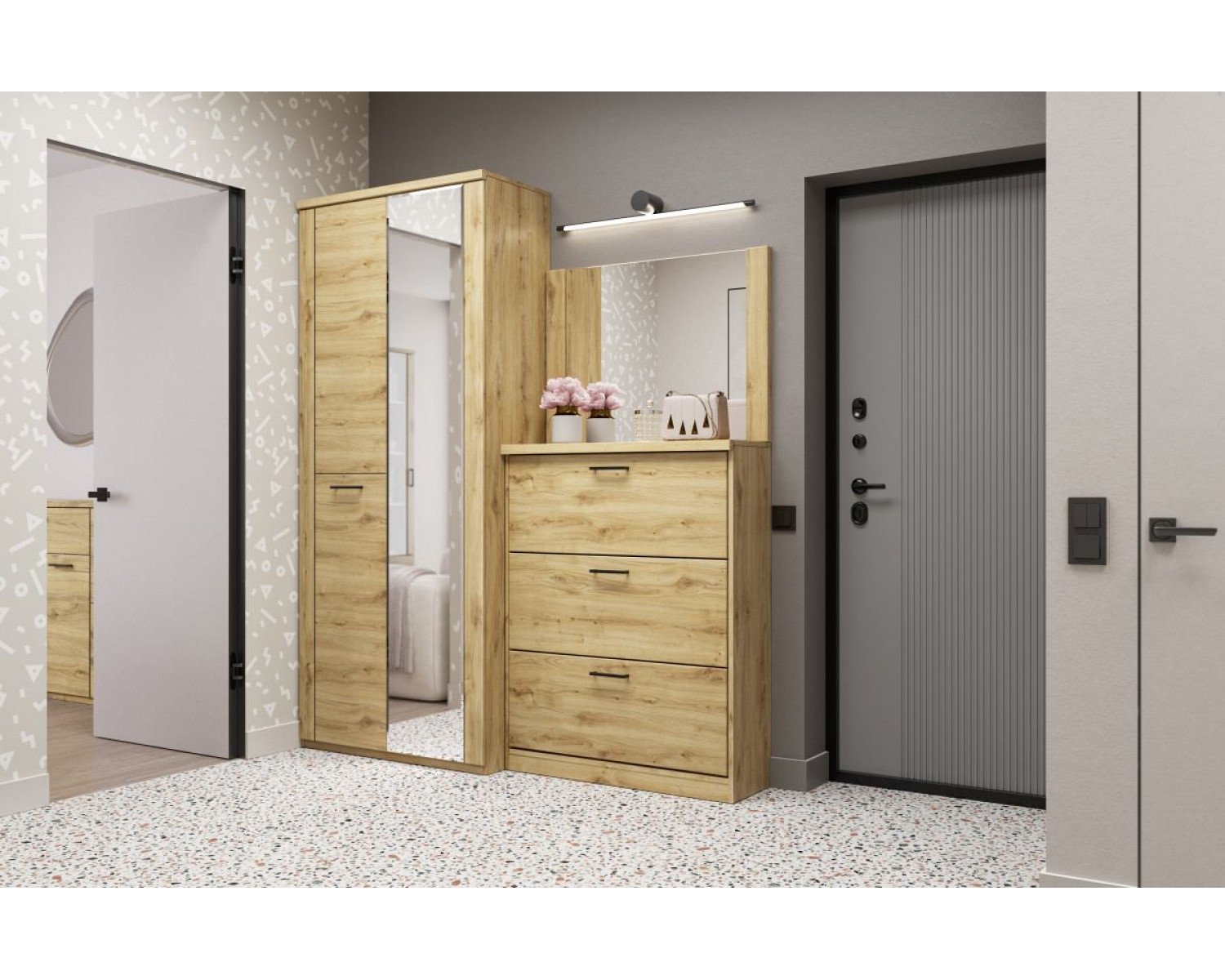 DOORSET, Тумба для обуви 3D. Цвет ДУБ НАВАРРА