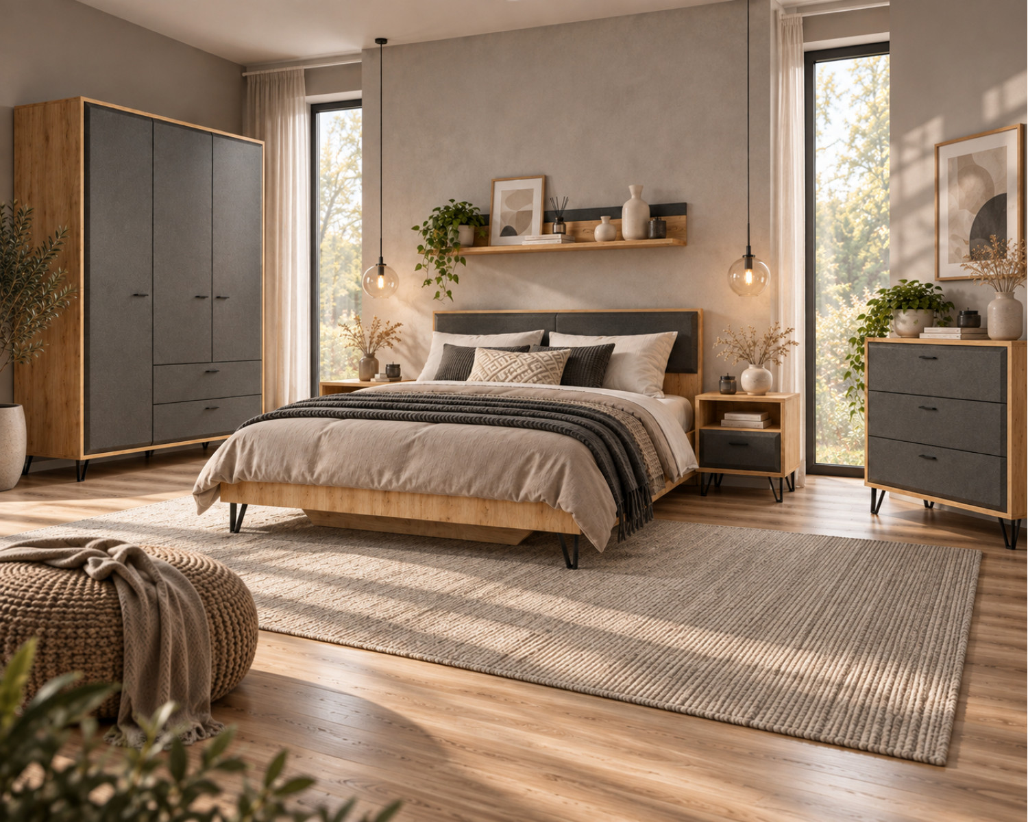 Спальня Грейс BRW 160×200 дуб наварра / графит