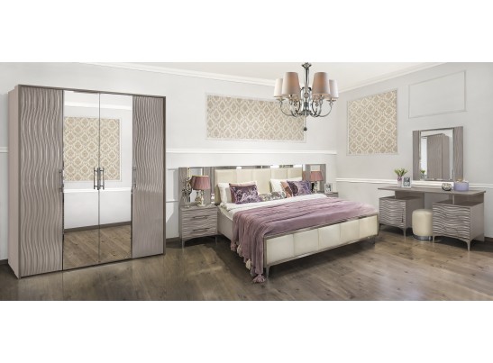 Спальня Gravita 1600*2000, зеркало ППУ, комод,  тумбы, панели, с 4х створчатым шкафом, серый камень глянец