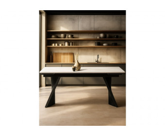 Керамический стол Вейв 160(220)х89х75 белый мрамор snow white / черный
