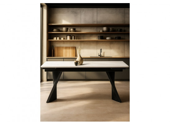 Керамический стол Вейв 160(220)х89х75 белый мрамор snow white / черный
