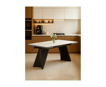 Керамический стол Вейв 160(220)х89х75 белый мрамор snow white / черный