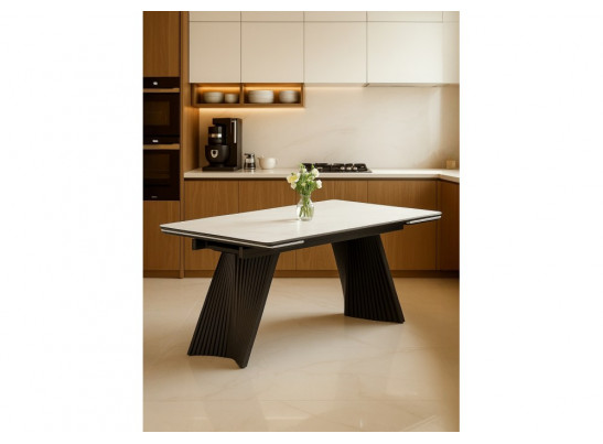 Керамический стол Вейв 160(220)х89х75 белый мрамор snow white / черный