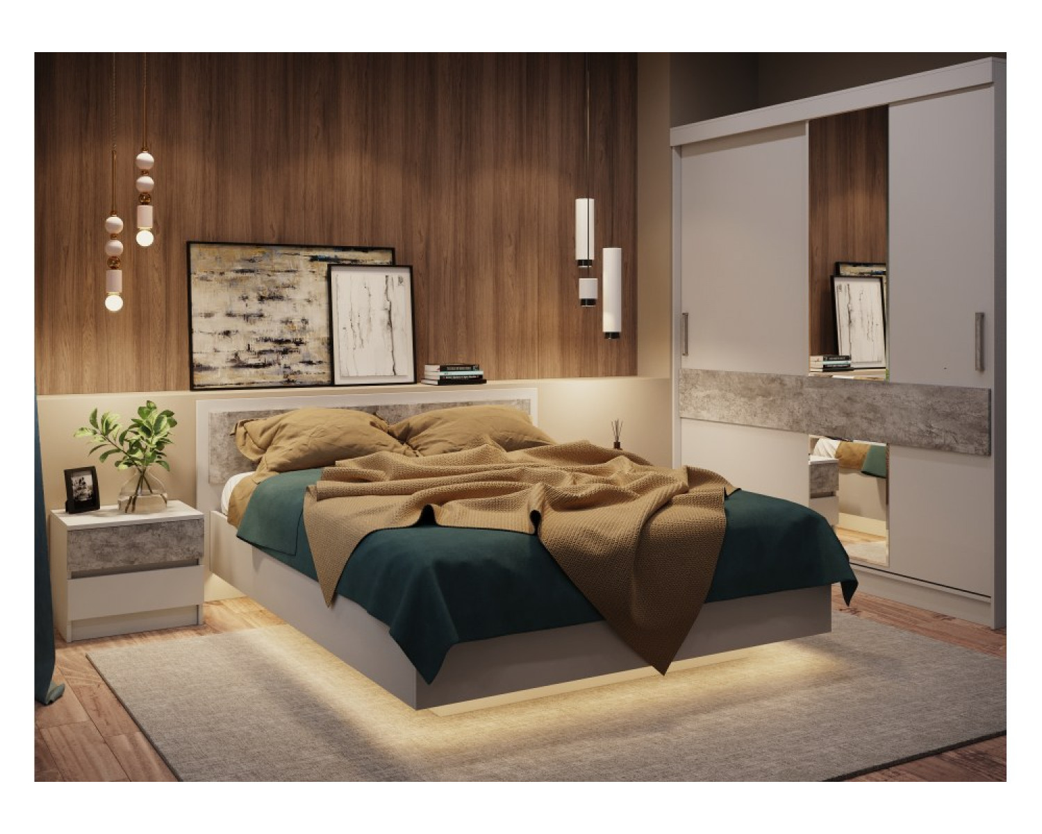 Двуспальная кровать Лунара 160x200 белый / бетон светлый